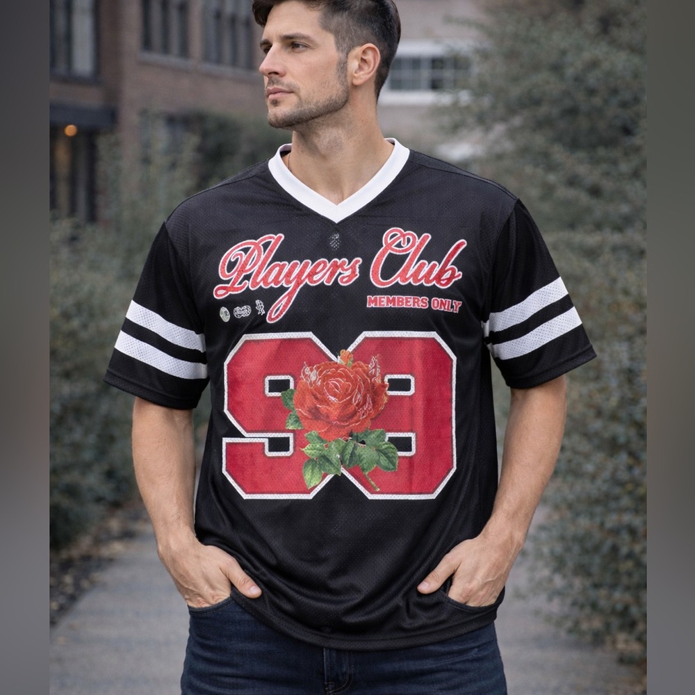Novamen Player 99 Mesh‎ Jersey Black Red Rose Graphic men’s Size medium NWT